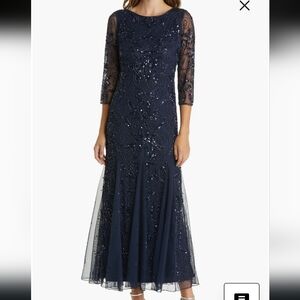 NWT Pisarro Nights Illusion Sleeve Beaded A-Line Gown 10